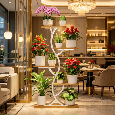 Support pour plante d'intérieur à 5 niveaux avec lumières de culture à spectre complet, minuterie et luminosité réglables, tablette d'angle en métal robuste pour le salon, le patio ou le balcon