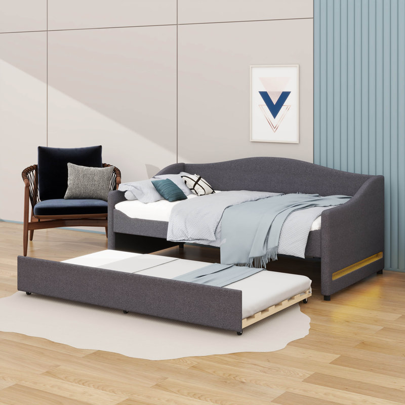 Teddy Daybed With Built-In Lighting And Pull-Out Shelves, Grey, Twin