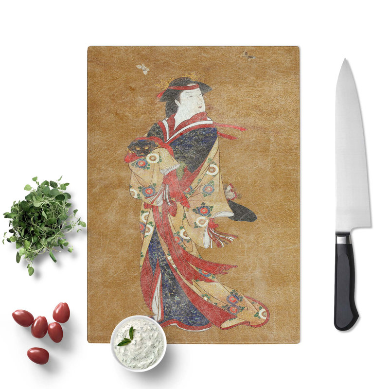 Tempered Glass Beauty with Butterflies by Katsukawa Shunsho Chopping Board, 28.5cm W x 20cm L