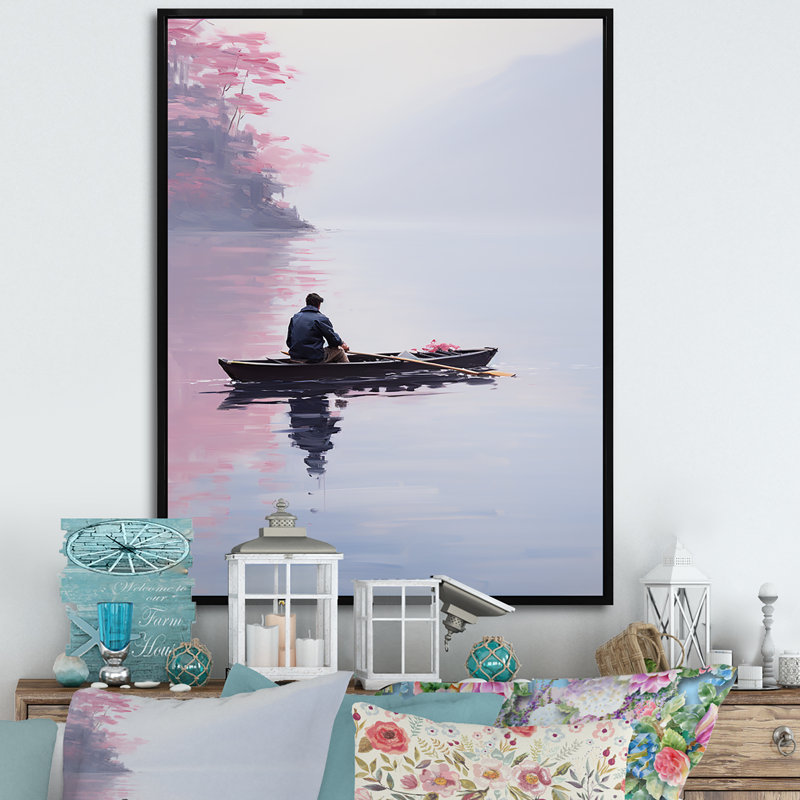 «Canoe Reflection At The Lake», art mural lac, Cadre flottant noir, H 20 po x l 12 po x P 1 po