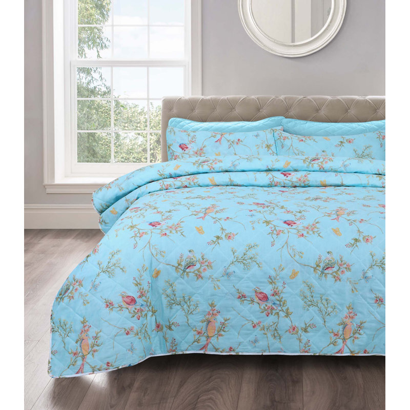 Berenices Birds Floral Duck Egg Bedspreads Set Quilted Bedspread sets with Bed Comforter Pillowsham, 250 x 260 cm