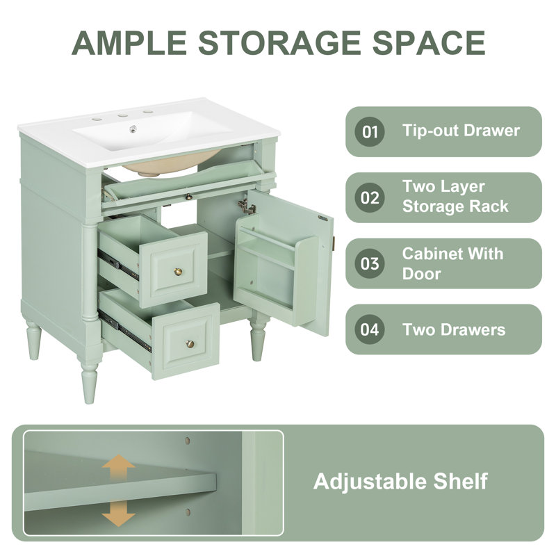  Meuble-lavabo 30 po avec lavabo, structure en bois massif, tiroir rabattable, 2 tiroirs et porte, vert, Vert/doré