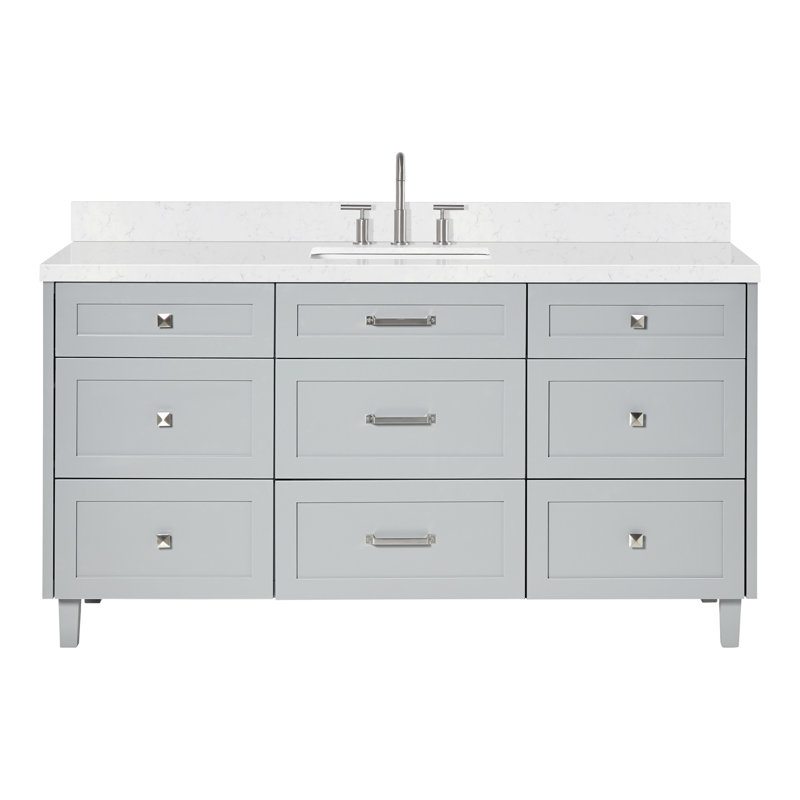 Ariel Monroe 66 Inch Single Rectangular Sink Bathroom Vanity With Carrara Quartz Countertop, Gray