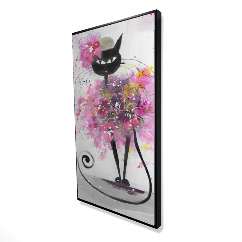 Dessin de chat avec des fleurs roses - Art sur toile encadré pour enfants
