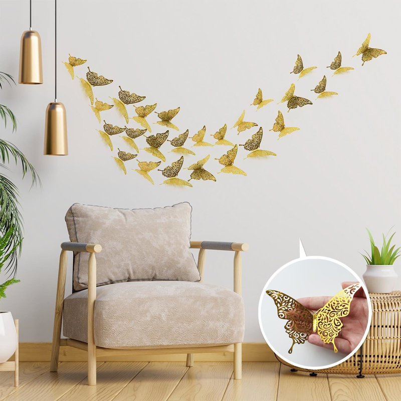 Adhésif décoratif floral papillons 3D, Or