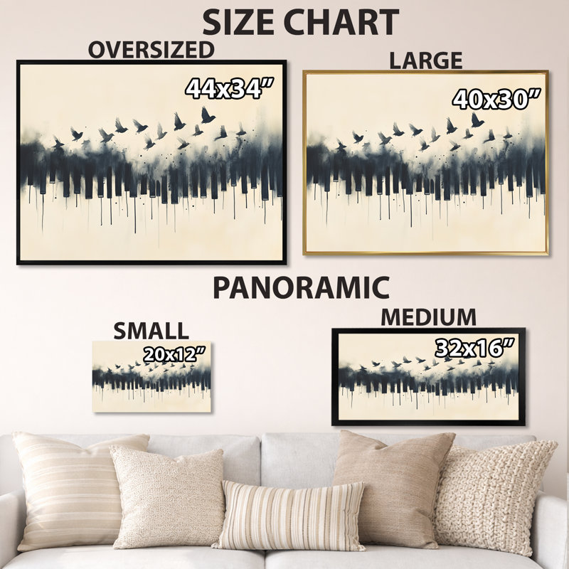 Touches de piano qui prennent leur envol - Tableau sur toile musical, H 12 po x l 20 po, Cadre photo blanc
