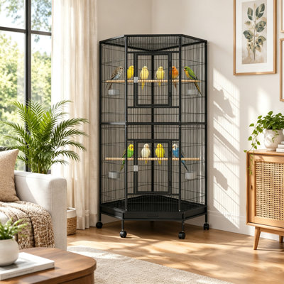 Large Corner Bird Cage with Stand, Space Saving Parrot Cage with Rolling Wheels and Storage Shelf