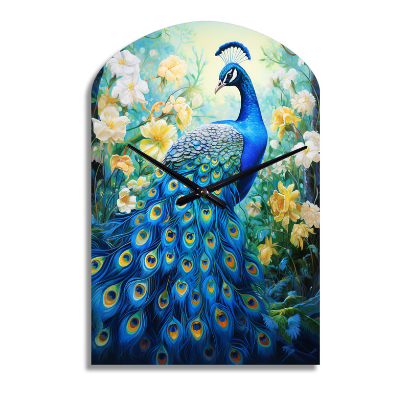 Bleu sarcelle symboliste - paon, horloge murale asymétrique en métal, impression moderne de forme libre, Moyenne