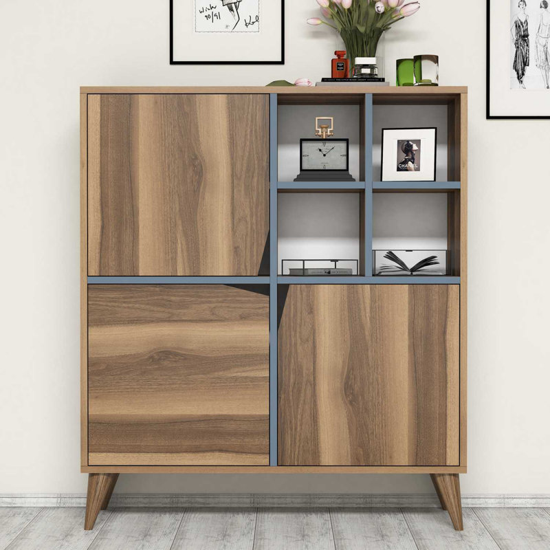 Modern Multi-Purpose Cabinet, Walnut & Blue, 39.4 x 45.3 x 11.8 inches | 100% Melamine Coated Particle Board, Thickness: 0.7 inches | Wall-Mountable, Numerous Shelves, Stylish Storage Solution for Home & Office