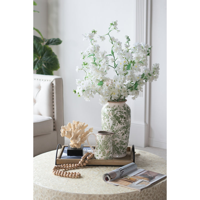 Vase à fleurs en céramique blanche avec motif floral vert, H 14,6 po x l 7,7 po x P 7,7 po