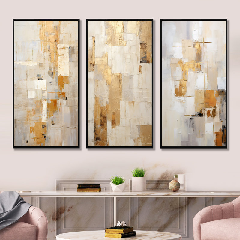 Beige And Gold Dream Collage - Abstract Shapes Wall Art - Modern Gallery Wall Set For Home Décor, Black Floater Framed