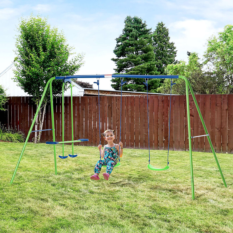 Metal Swing Set With Glider, Two Swing Seats And Adjustable Height, Outdoor Heavy Duty A-Frame