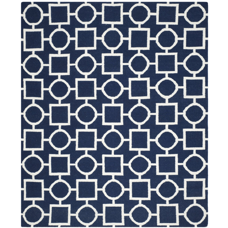 Rodgers Hand Woven Flat Weave Wool/Cotton Geometric Rug in White/Blue, Rectangle 6' x 9'