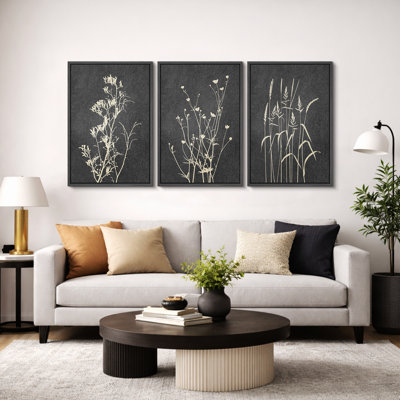 Minimal Botanical "Black Gray Plant Floral Botanical Artwork, Modern Abstract Neutral Wall Pictures, Framed Canvas Giclée Print 3 Pieces Wall Art" 16"x24"x3 pcs, 24"x36"x3 pcs