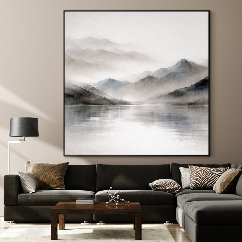 Très grand art mural imprimé sur toile - Paysage de montagne gris brumeux, décor de chambre minimaliste - «Assemblage requis (cadre non fini)»