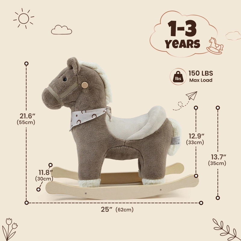 Kids Plush Rocking Horse with Neighing Sounds, Solid Wood Base and Padded Seat for Nursery and Playroom