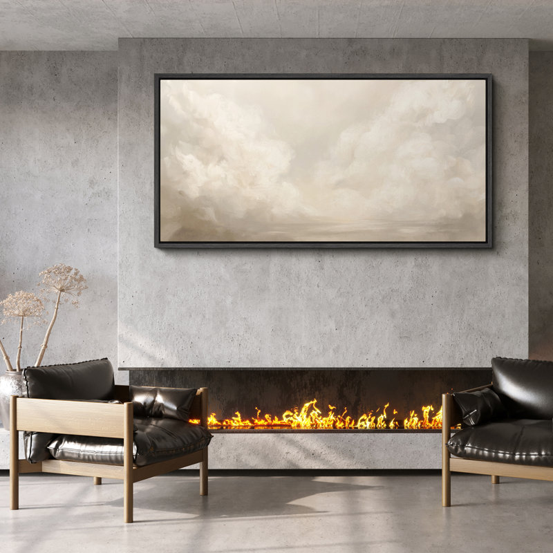 «Serene Cloudscape in Cream Tones», art sur toile encadré - Scène de ciel neutre et tranquille pour chambre ou spa, Noir