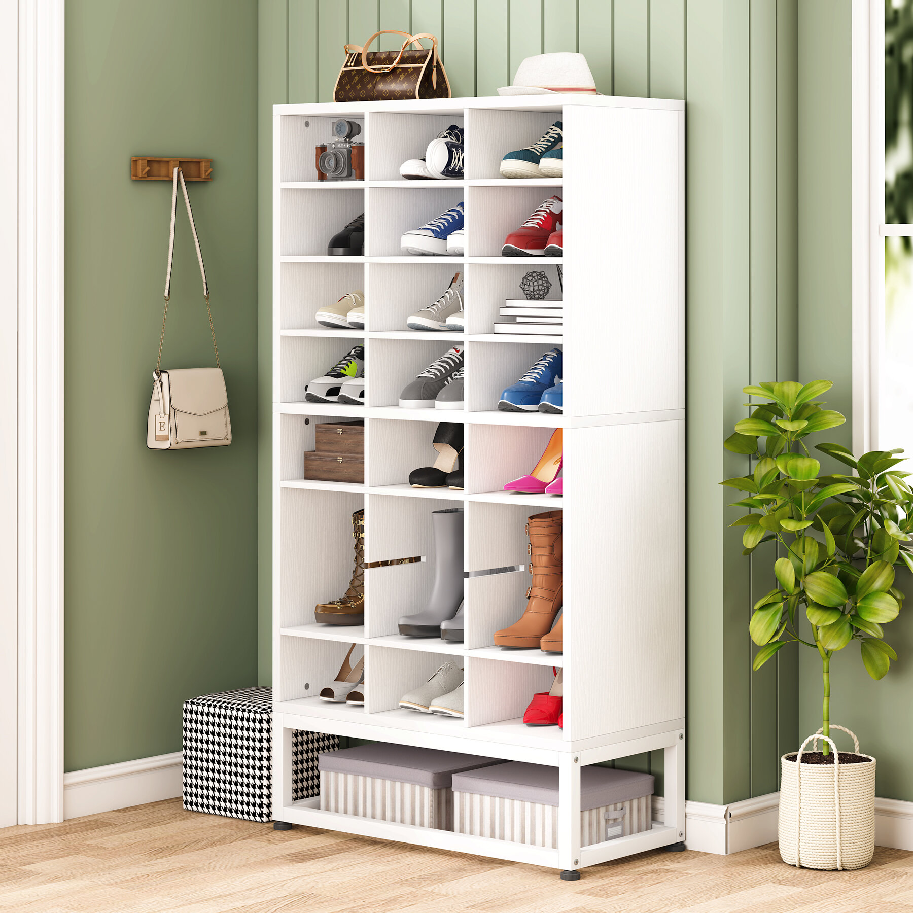 10-Tier Shoe Storage Cabinet, White Wooden Shoe Rack with 30 Cubbies