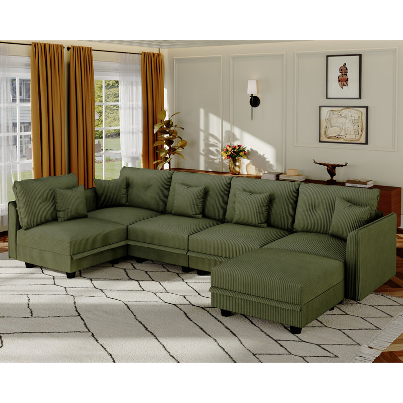 Degennaro 8 Seat Corduroy Convertible Modular Sectional Sofa With Storage, Green Corduroy