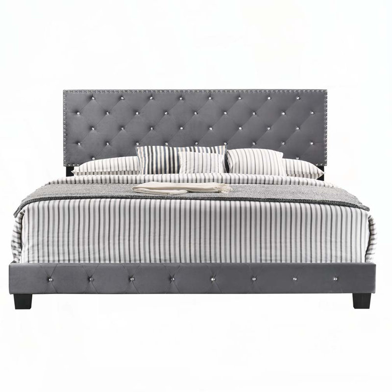 Lit rembourré en velours avec tête de lit capitonnée, Gris, Très grand
