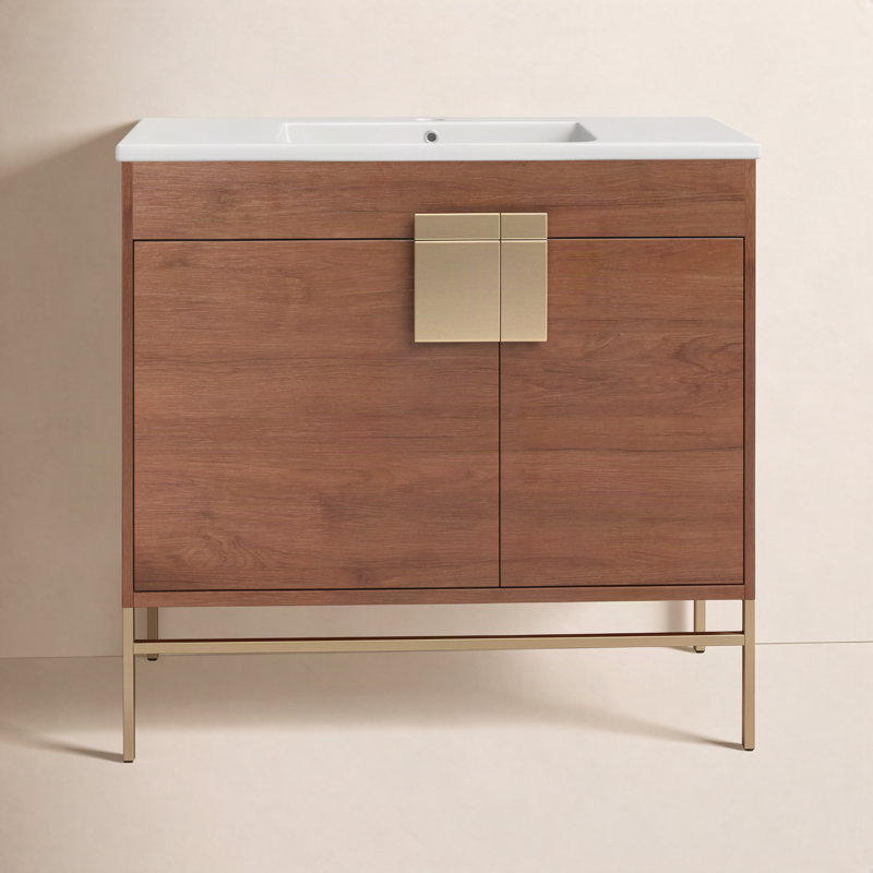 Ensemble de meuble-lavabo simple 36 po Maisie, Laiton satiné, Noyer épicé