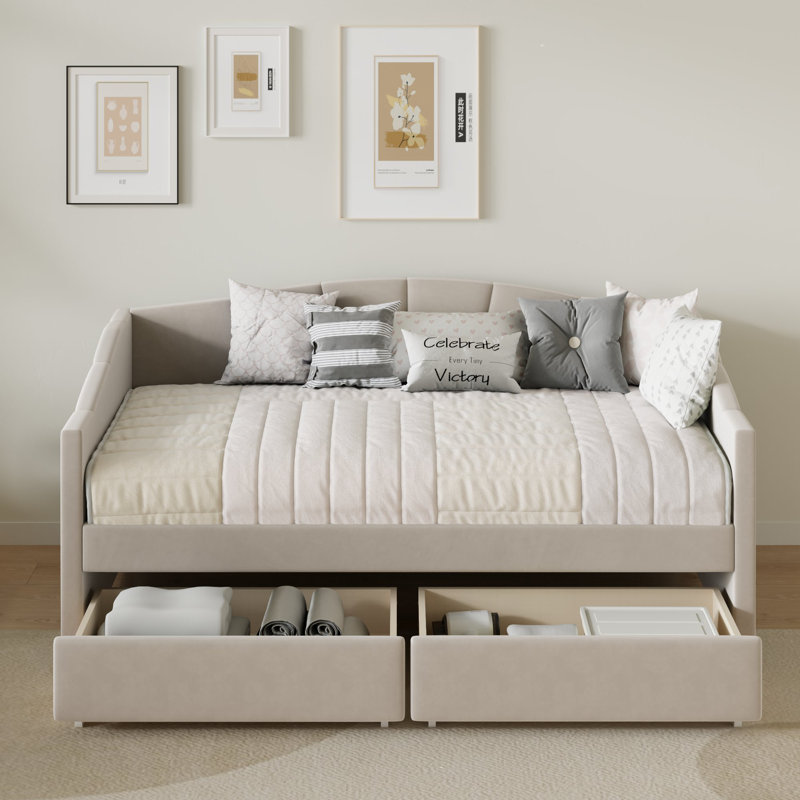 Eliana Twin Velvet Upholstered Daybed with Drawers -Solid Construction, Space Maximization, Beige