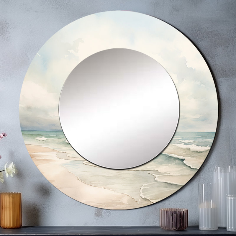 Soft Color Beach Horizon IV - Coastal Wall Mirror, Coastal Round Decorative Mirror, Printed Metal Art, 29" x 29"