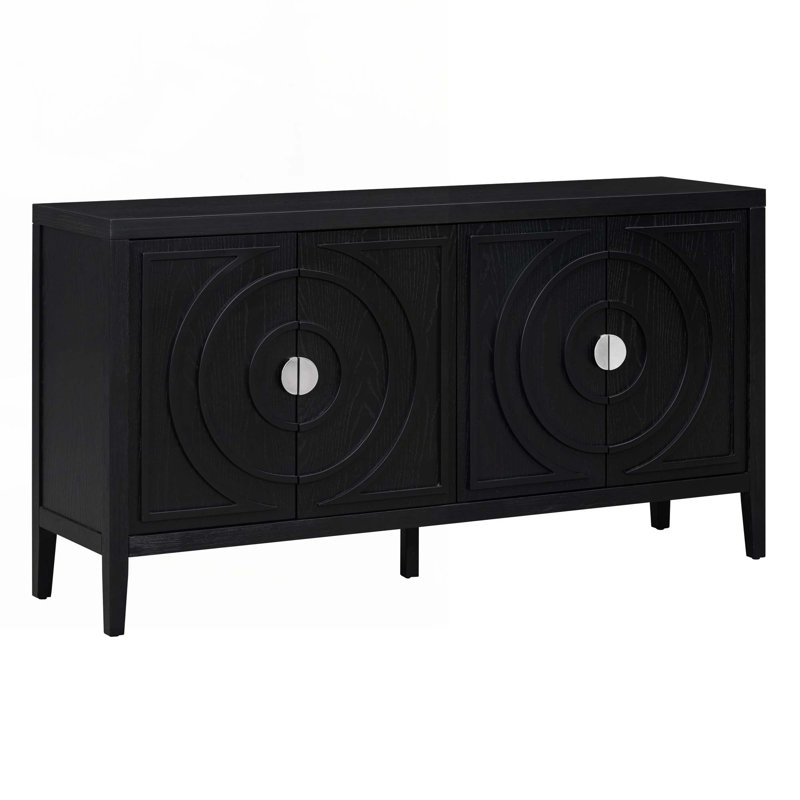 Wood Console Table with  Circular Groove Design Round Metal Door Handle, Black
