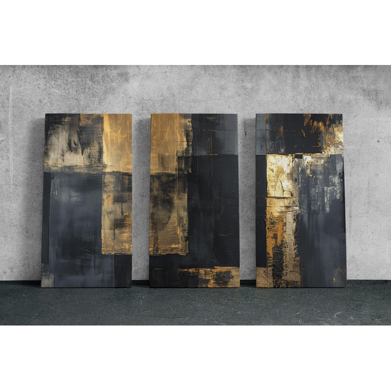 Reproduction d'art, reproduction d'art sur toile Triptych - ensemble de toiles abstraites noires et grises, H 30 po x l 60 po