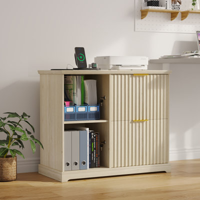 Modern Filing Cabinet with Lockable Storage Doors & Open Shelves, Wood File Cabinet for Home Office, Fluted Storage Cabinet with Charging Station, Printer Stand & Document Organizer