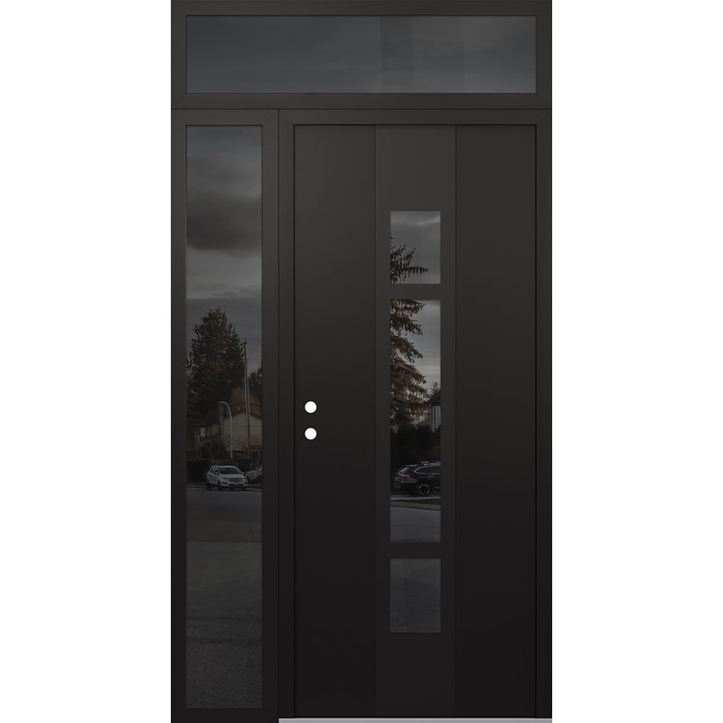 Porte d'entrée pré-suspendue en acier à panneau noir Diamond A9 avec panneau latéral et traverse, Droite / vers l'intérieur