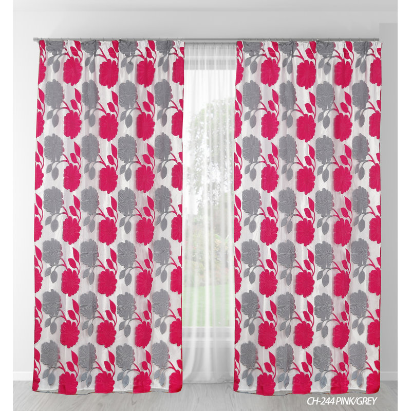 Panneau de rideau simple semi-diaphane avec passe-tringle Floral, Gris / Rose