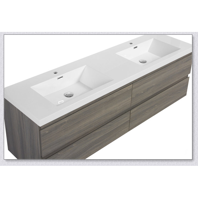 Meuble-lavabo flottant avec lavabo, meuble-lavabo mural moderne avec deux lavabos en quartz et quatre tiroirs à fermeture en douceur, 24V12-72GR
