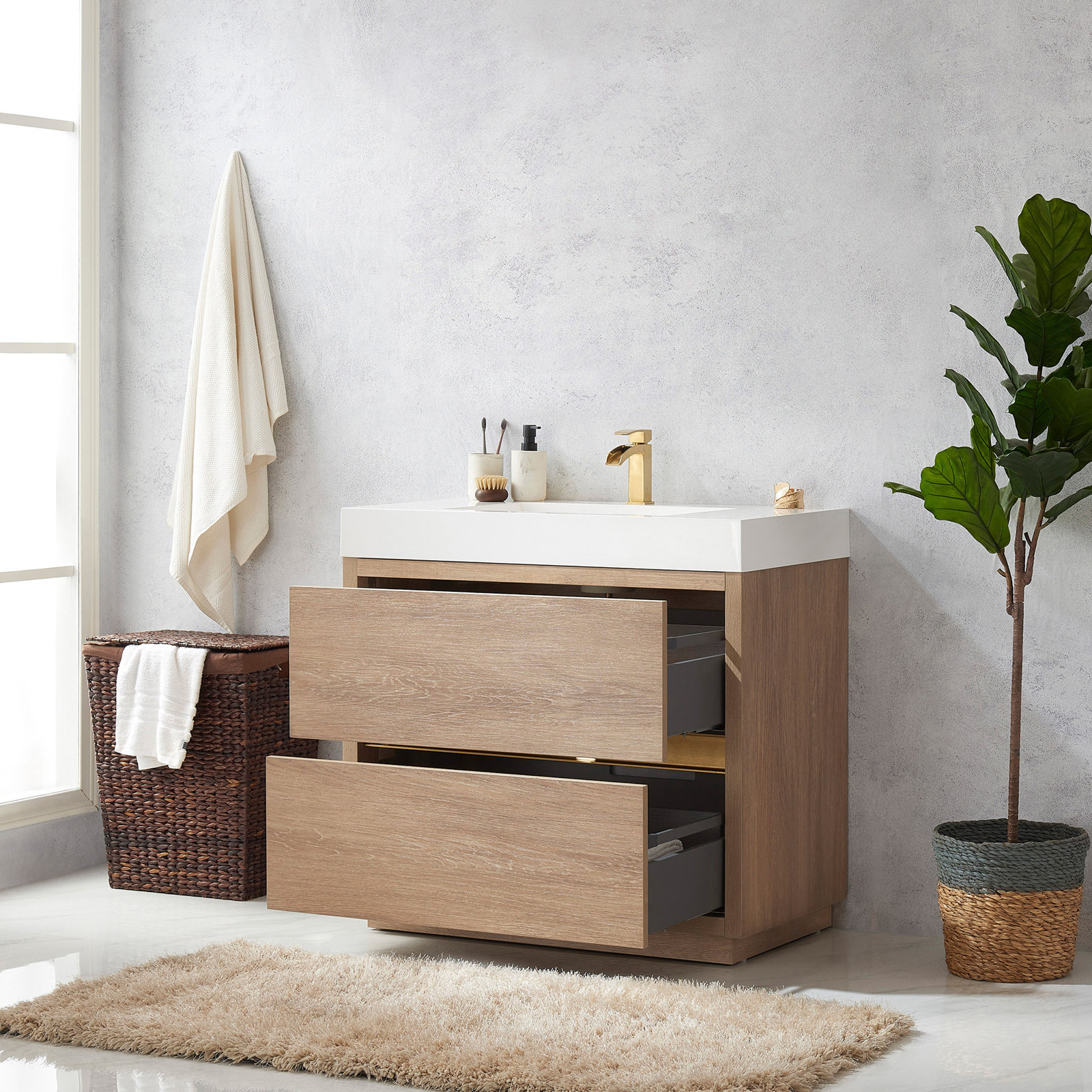 Beira Single Bathroom Vanity, North American Oak, White, 36"