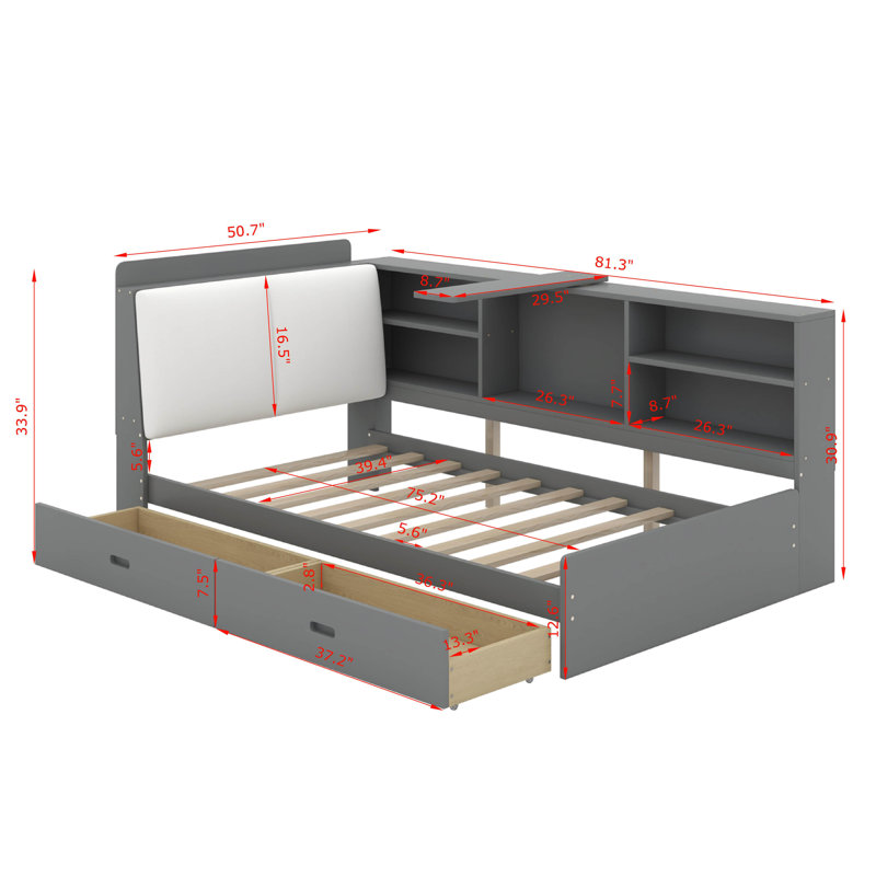 Lit plateforme simple avec tête de lit, tablettes et tiroirs de rangement, Gris