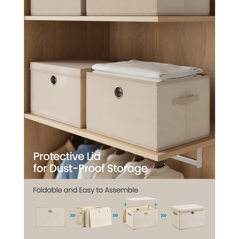 Cube Storage Boxes with Lids, 3 Pack Fabric Organiser Baskets, Odourless PP Sheets, Foldable and Stackable, with Handles, Dove Grey