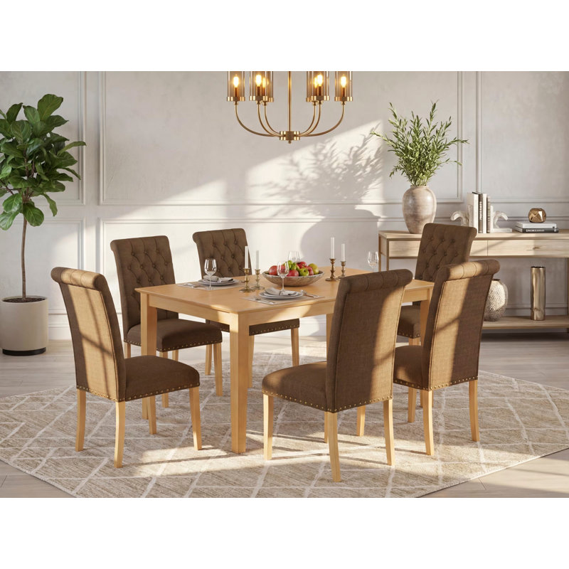 Ensemble de table de salle à manger 7 pièces composé d'une table de cuisine rectangulaire et de 6 chaises de salle à manger Parson en tissu de lin brun, 36 x 60 pouces, chêne