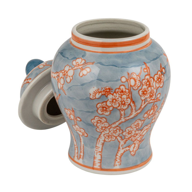 Pot décoratif gingembre en céramique avec couvercle en forme de dôme, Orange/bleu