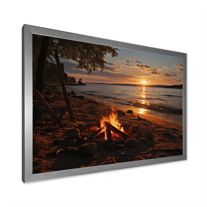«Allix Beach Beach Bonfire I», reproduction sur toile, H 12 po x l 20 po x P 1 po, Cadre simple argenté
