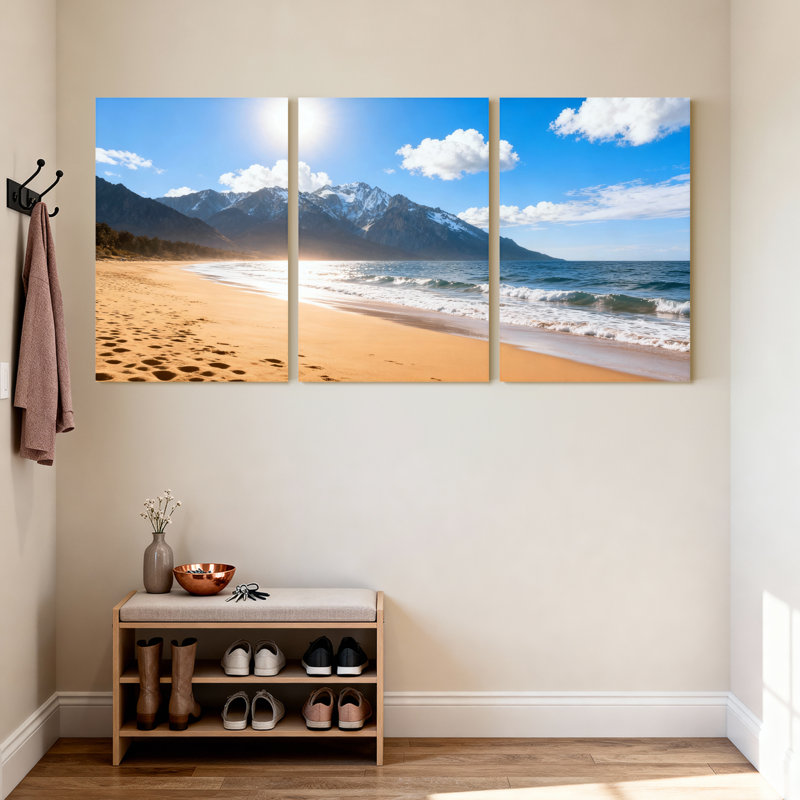 Paysage et paysages urbains, plage, vagues, montagnes, ciel, soleil, sable, empreintes de pas, nuages, ensemble de 3 impressions sur toile