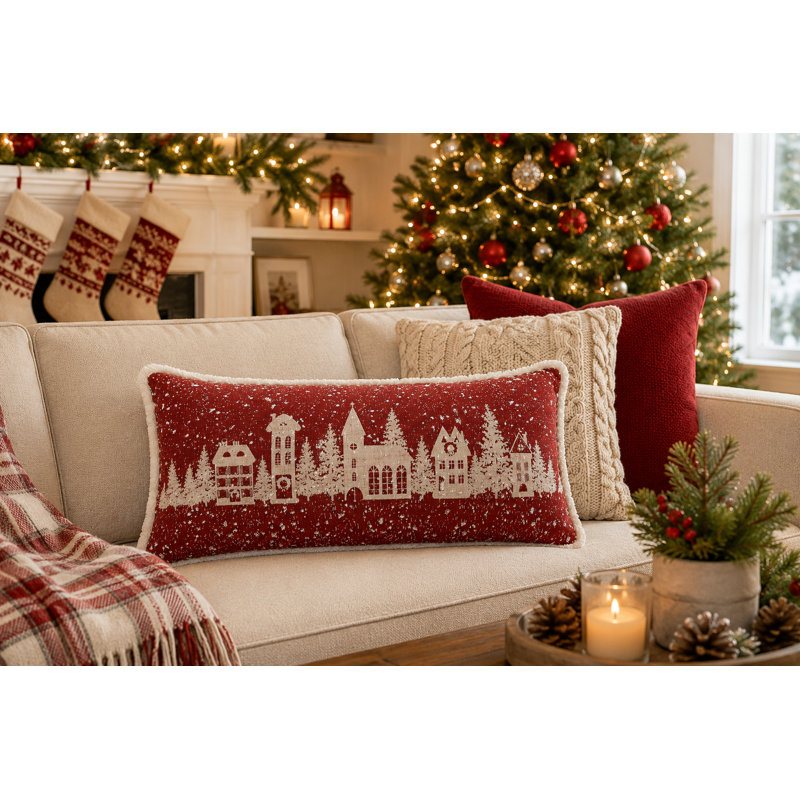  Oreiller de Noël enneigé avec bordure en fausse fourrure, 10 po x 20 po