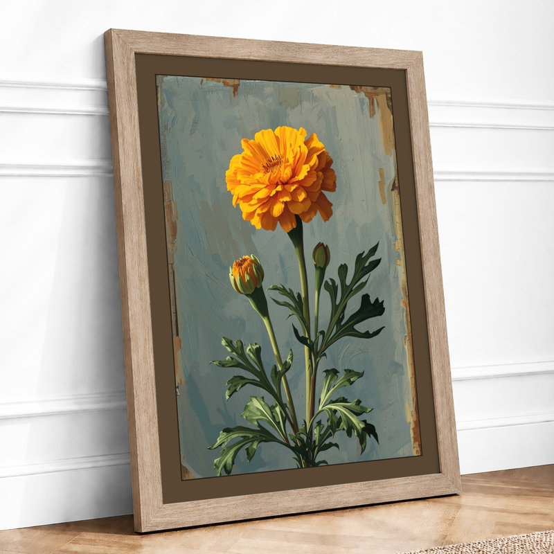 Golden Marigold Study Botanical - Framed Print, A4 - 29.7 x 21.0 cm, Oak