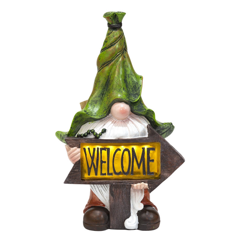 Green Polyresin Gnome With Solar LED Hat