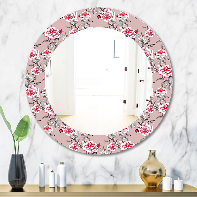 Fleur rose 5 - miroir traditionnel, H 31,5 po x l po