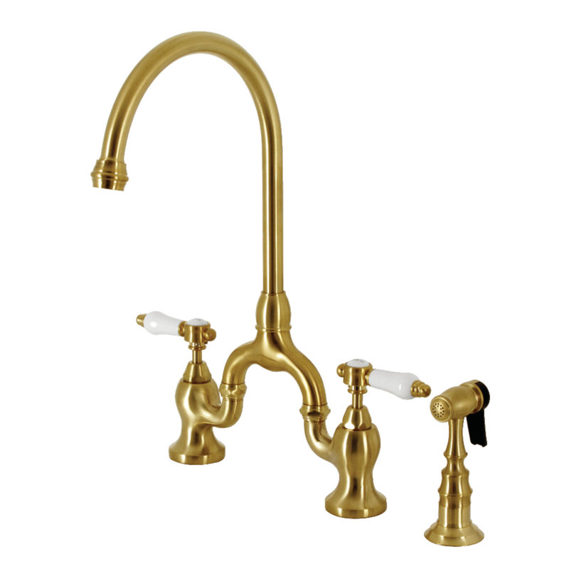 Kingston Brass Bel-Air Two-Handle 3-Hole Deck Mount Bridge Kitchen Faucet with Brass Side Sprayer, Brushed Brass
