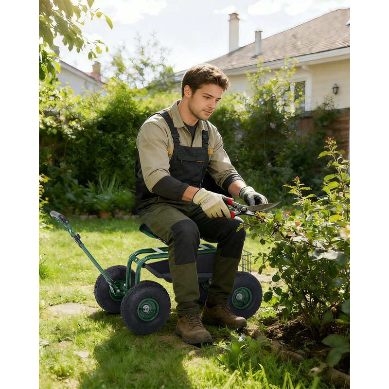 Siège de jardin roulant, tabouret de travail robuste, roues de 10 po, pivotant, réglable, avec plateau à outils, vert menthe