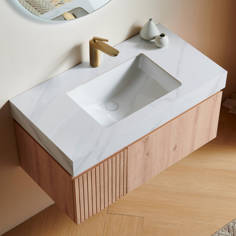 Meuble-lavabo flottant de 36 po avec lavabo en céramique, plateau en pierre frittée et tiroir Muri, Chêne blanc, 36"