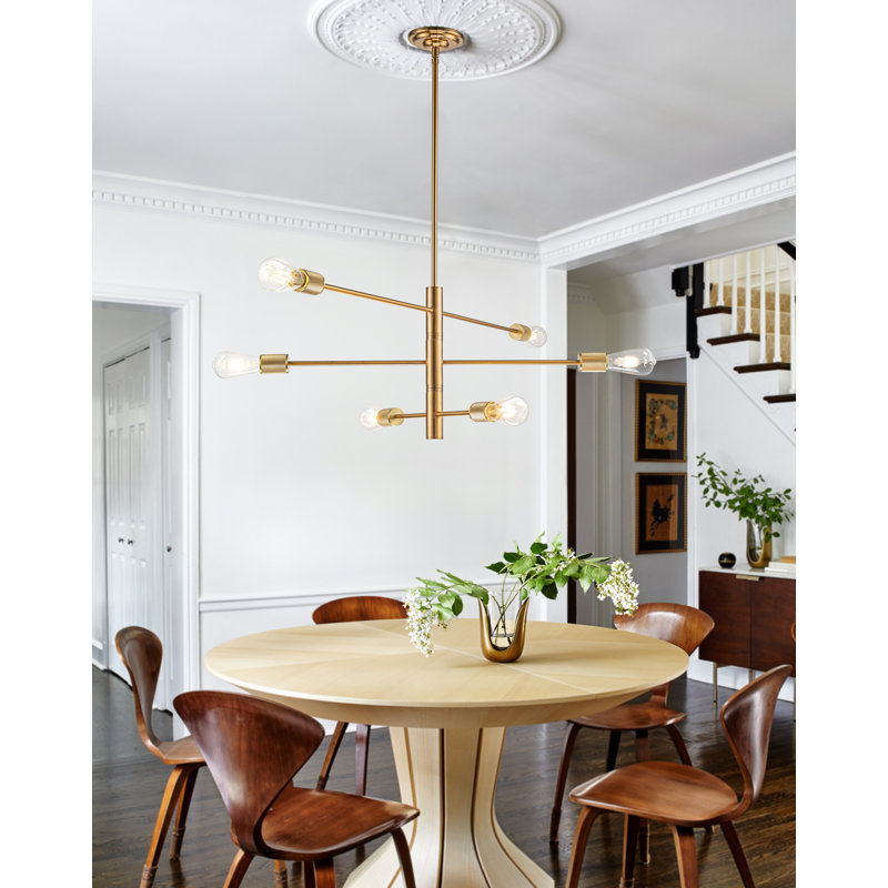 Henleigh 6-Light Modern Linear Chandelier Brass Industrial Lighting Fixture For Dining Room & Kitchen Island
