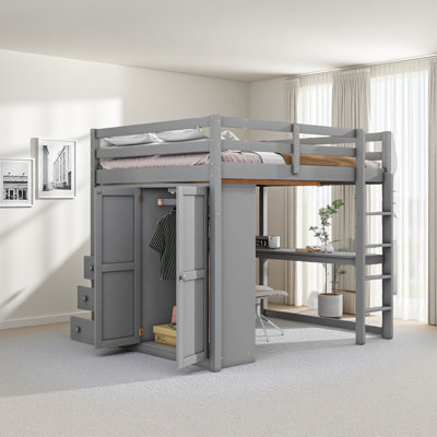 Wood Full Size Loft Bed With Built-In Wardrobe