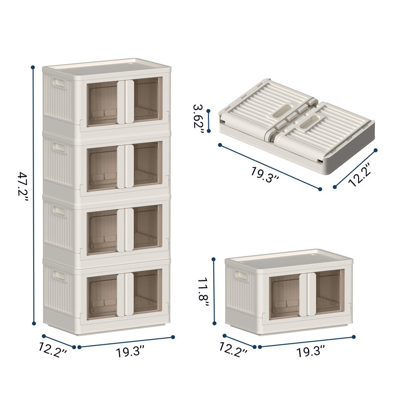 Stackable Collapsible Plastic Storage Bins with Lids – 150 QT Closet Organizers with Doors, 19” L x 12.2” W, White